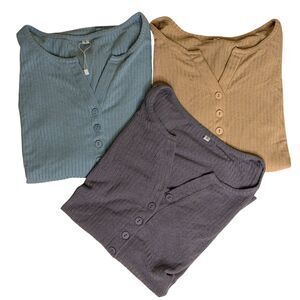 Tobrief Ribbed Henley Knit Top Shirt T Shirt Bundle Blue Gray Tan S